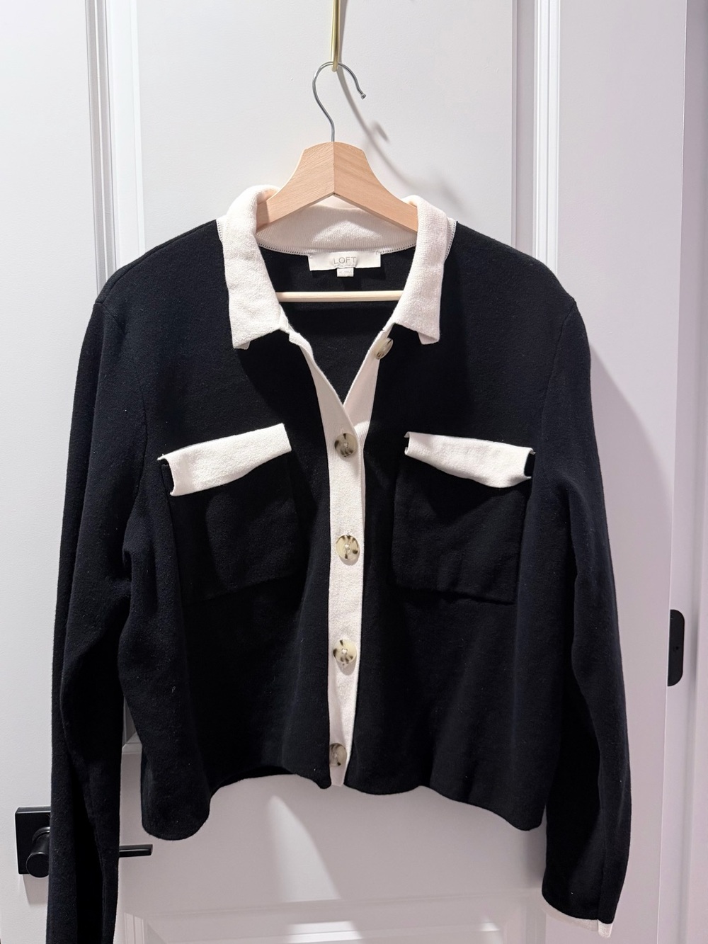 LOFT Black Cardigan with White Trim Contrast Collar & Pockets